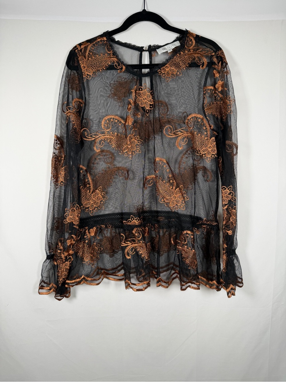 Whimsigoth Black Sheer Blouse Copper Floral Embroidery Fairy, Grunge, Overlay